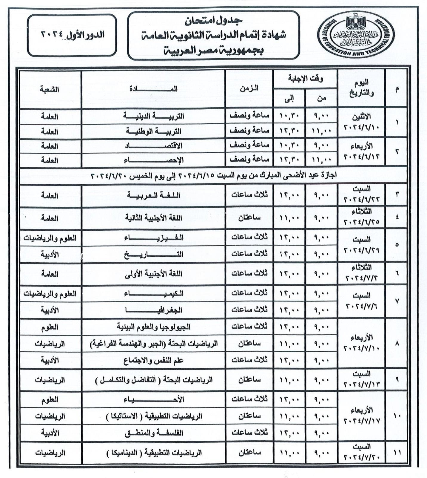 جدول امتحانات الثانوية الامة