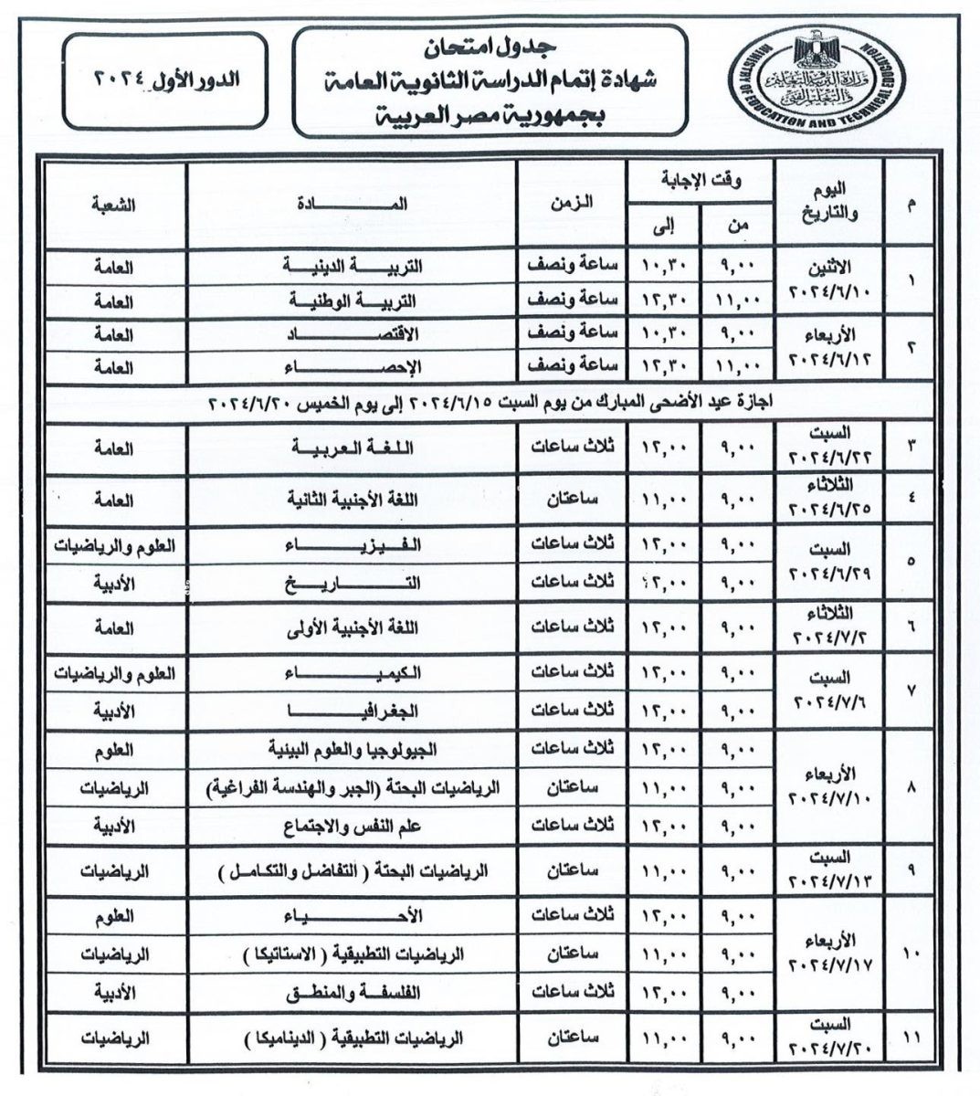 جدول امتحانات الثانوية العامة