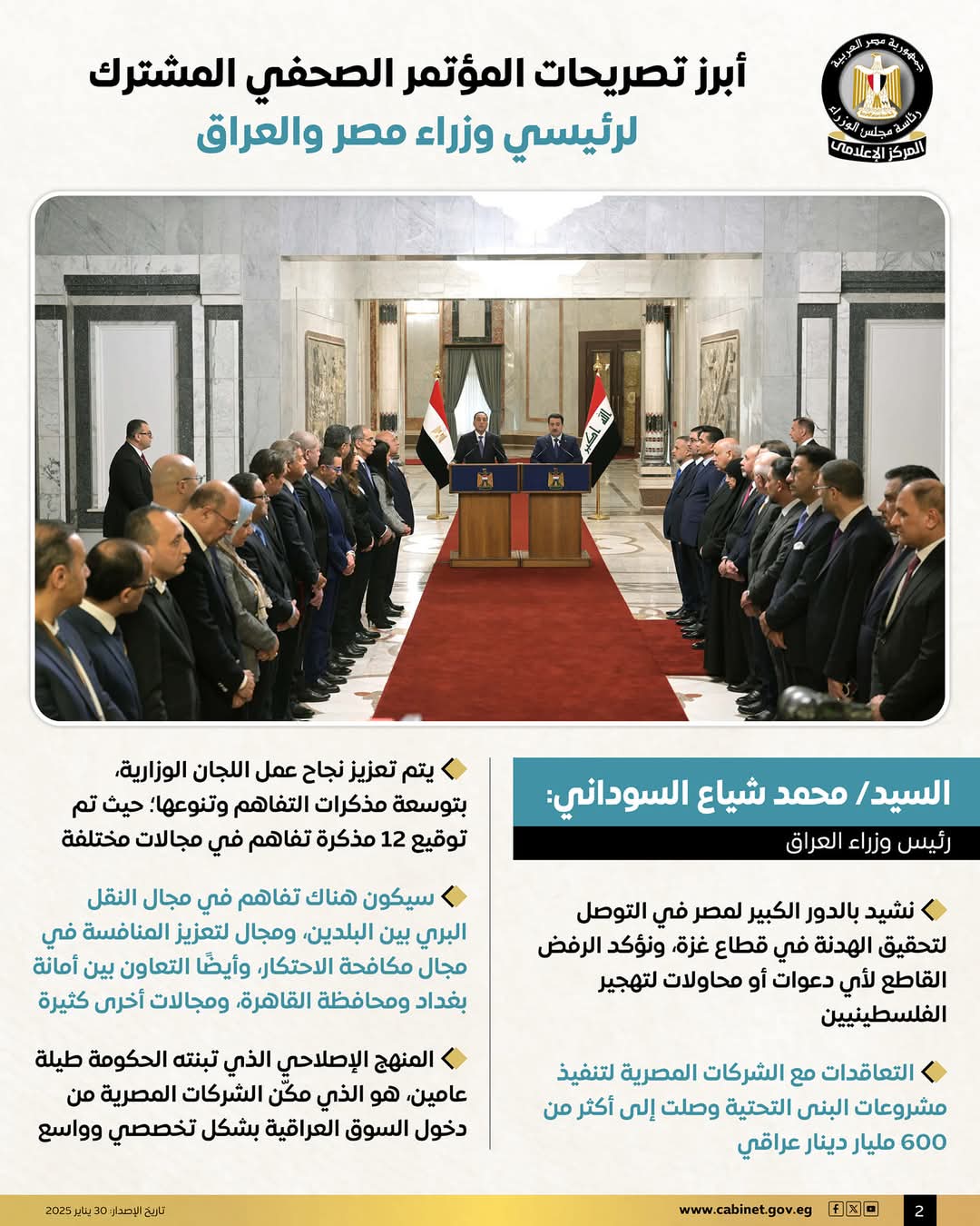 أبرز تصريحات المؤتمر الصحفي المشترك لرئيسي وزراء مصر والعراق